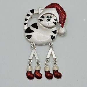 VINTAGE Silver Tone Enamel Dangle Legs Santa Cat Christmas Brooch Pin NR Avon